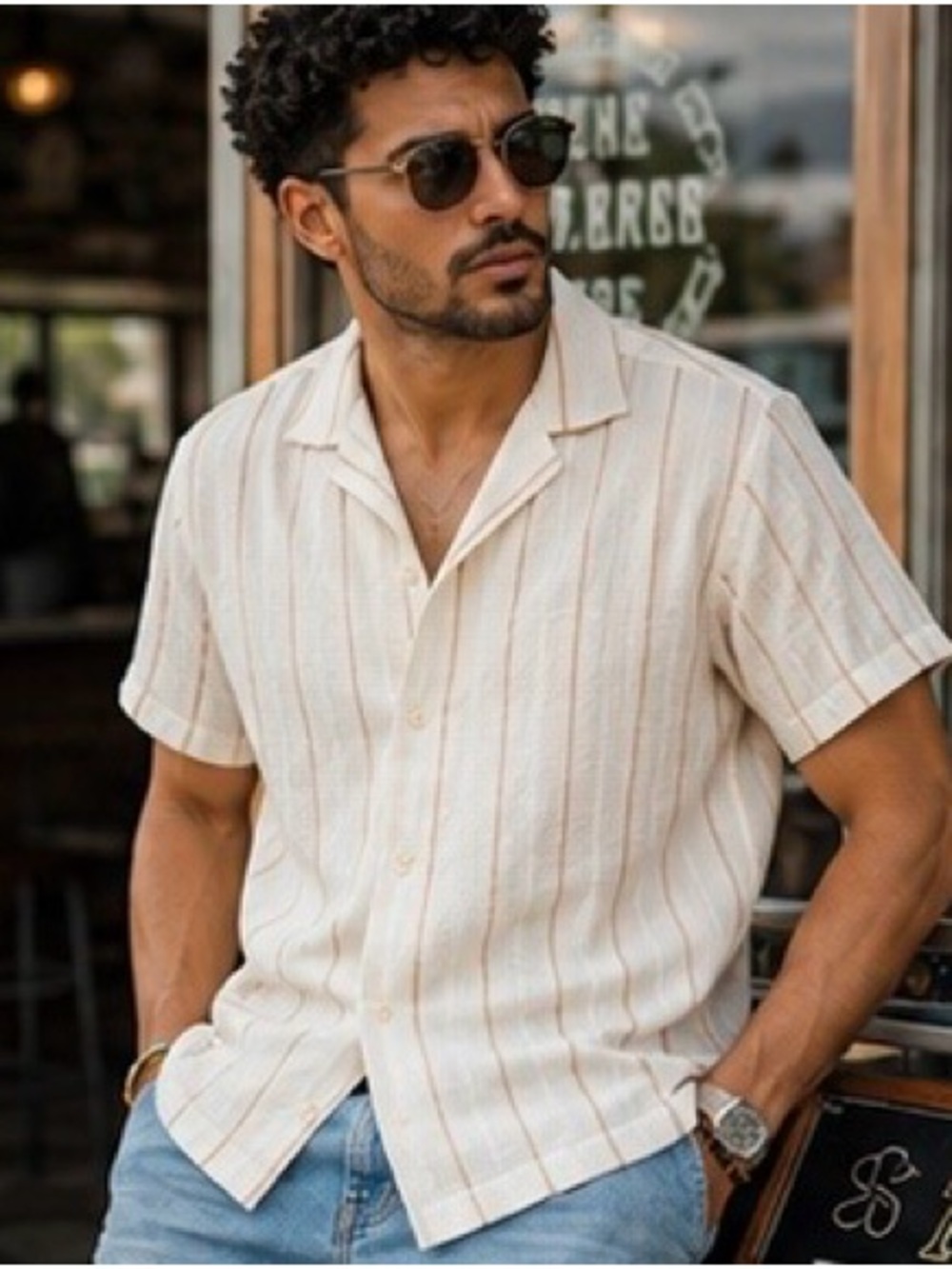 Denim & Flower Men's Beige Striped Shirt